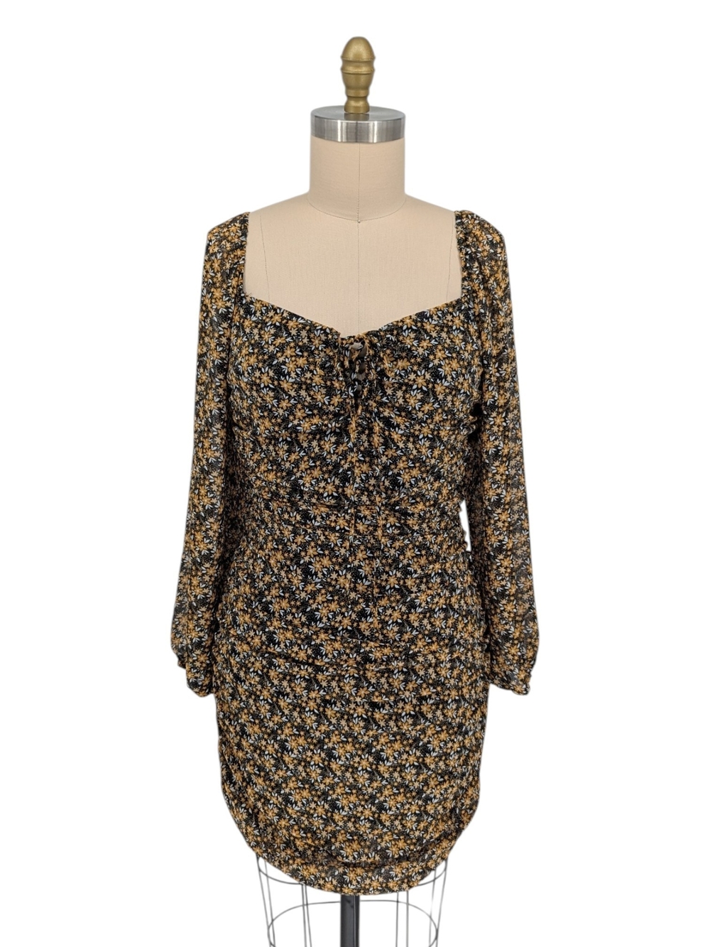 Lush Floral Ruched Lace Up Dress Black Yellow size Large bohemian party cocktail